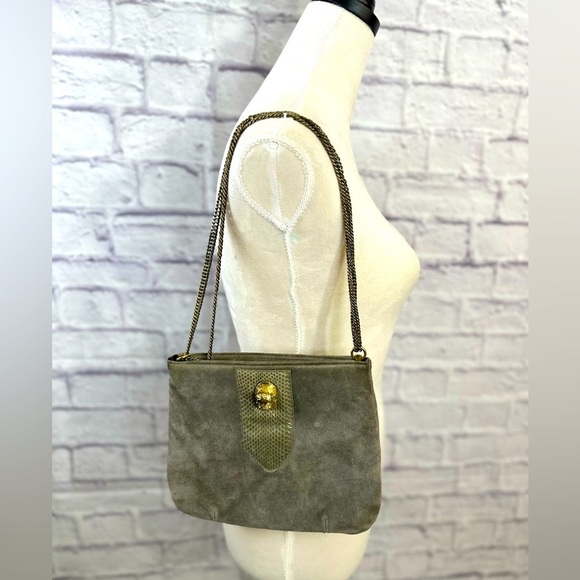 Vintage Ruth E Saltz Purse Handbag w chain strap Cougar Head Gray Suede - Picture 1 of 12